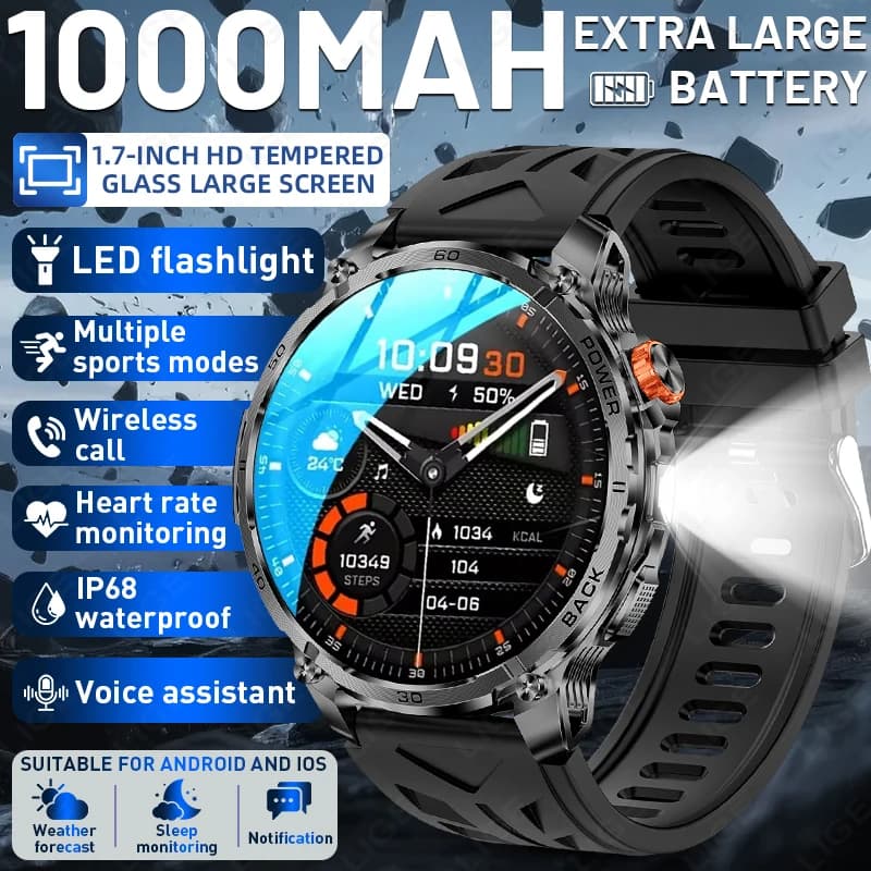 LIGE Nuovo Smartwatch Militare con Batteria da 1000mAh, Monitoraggio Fitness, Impermeabile 10ATM, Torcia Sportiva, Chiamate Bluetooth, Braccialetto per Uomo