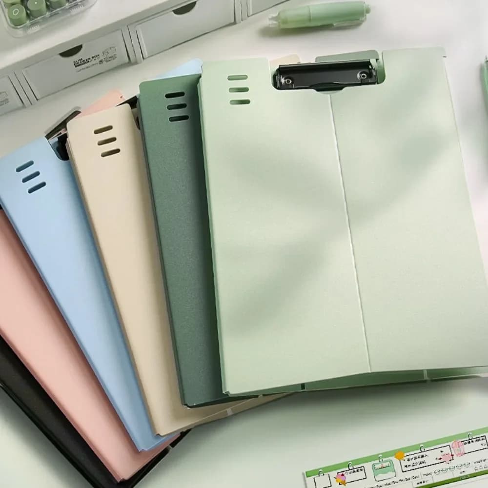 Scatola portaoggetti multifunzionale con morsetto per cartella A4, blocco note, cartella con morsetto per scheda documenti integrata per archiviazione di scrittura di grande capacità