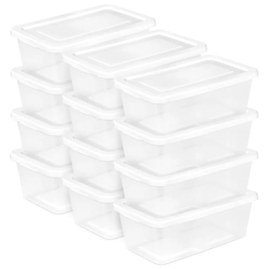 Set da 12 contenitori impilabili da 6 litri in plastica trasparente con coperchi a scatto, contenitori organizzativi resistenti per armadi e bagagli - Modello 202612