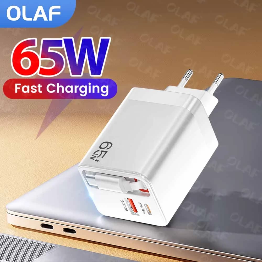 65W PD GaN Fast Charger With Retractable USB C Charging Cable For iPhone 16 15 Samsung Xiaomi Laptop Pad Type C Wall Adapter