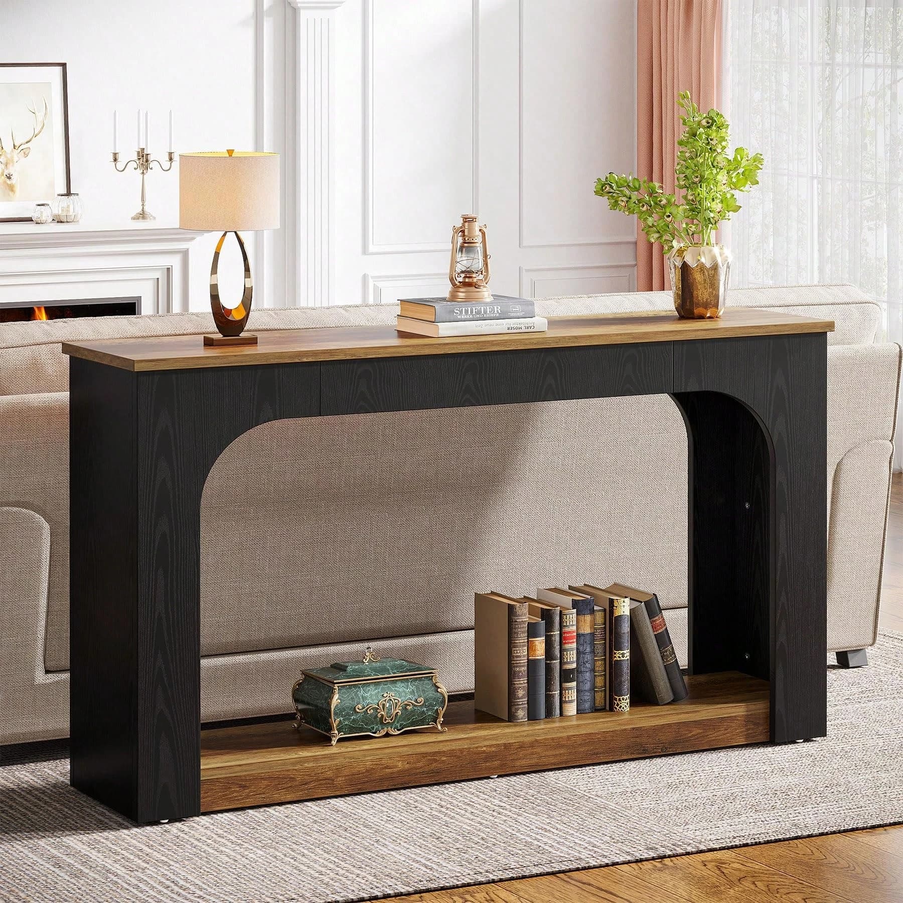 Mensola ad arco bianca goffrata da 47,5 pollici con finitura noce scuro, elegante tavolo da ingresso, design elegante con venature del legno, per riporre oggetti e decorare