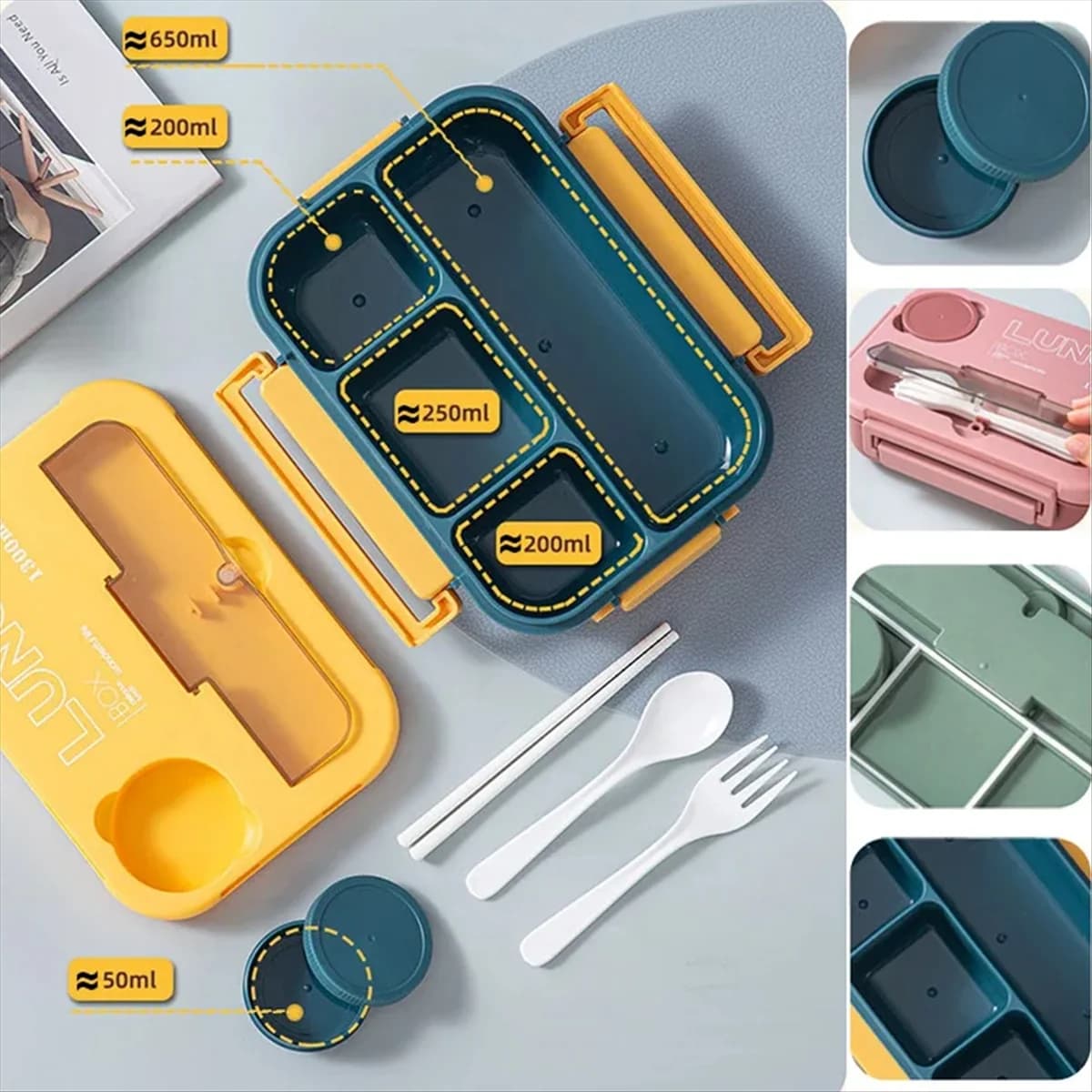 A14M Portatile con divisione a griglia Lunch Box Studenti Ufficio Bento Box con forchetta e cucchiaio Contenitore per alimenti per microonde B