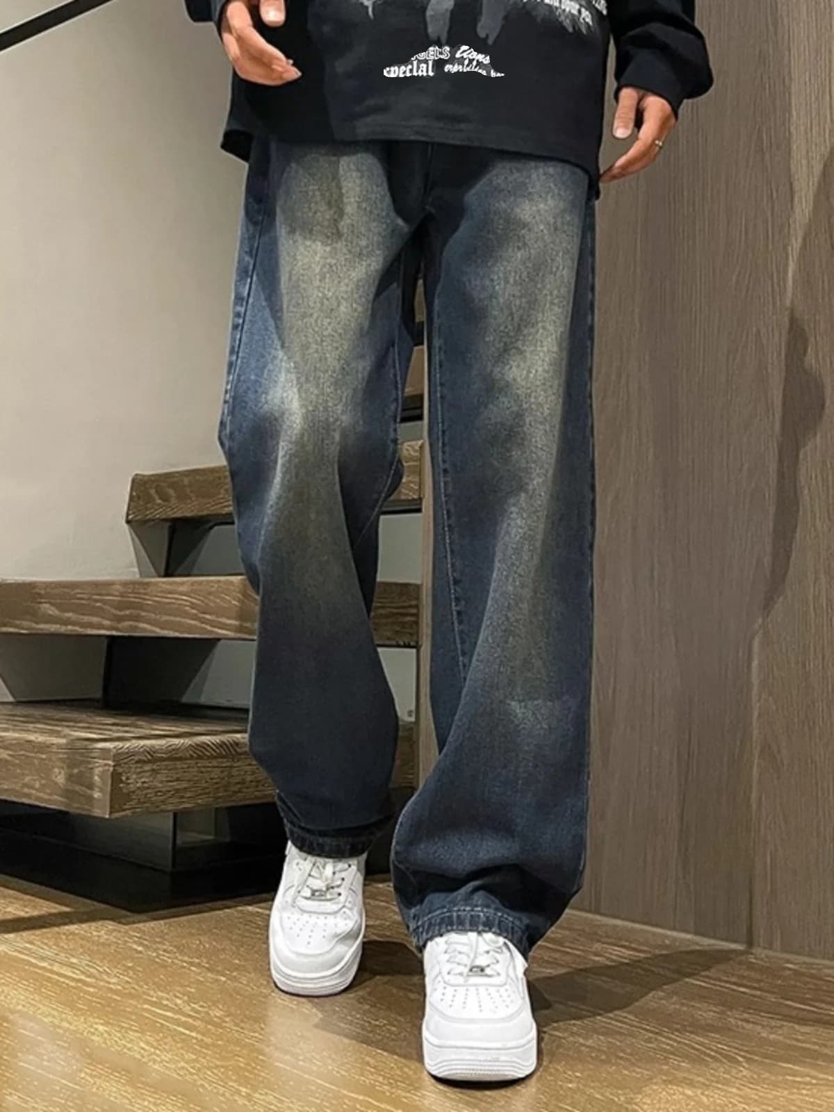Retro American Blue Denim Jeans Men's Spring Autumn Loose Wide Leg Casual Long Pants Waed Effect Straight Cut Loose Fit