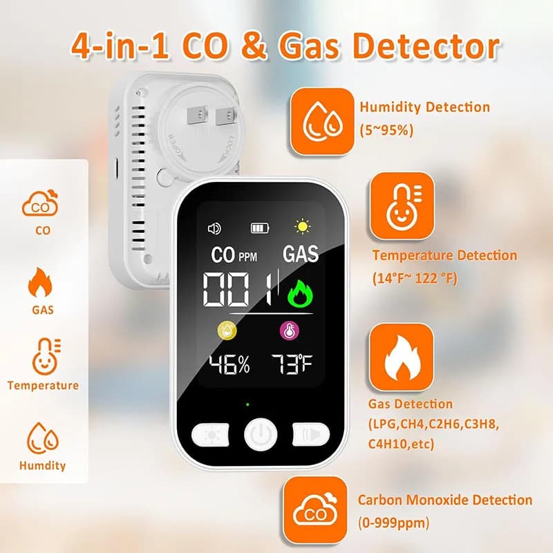 Plug 4 in 1 Digital LED Travel Carbon Monoxide Detector Gas Temp, Humidity Detectors Gas Alarm Sensor