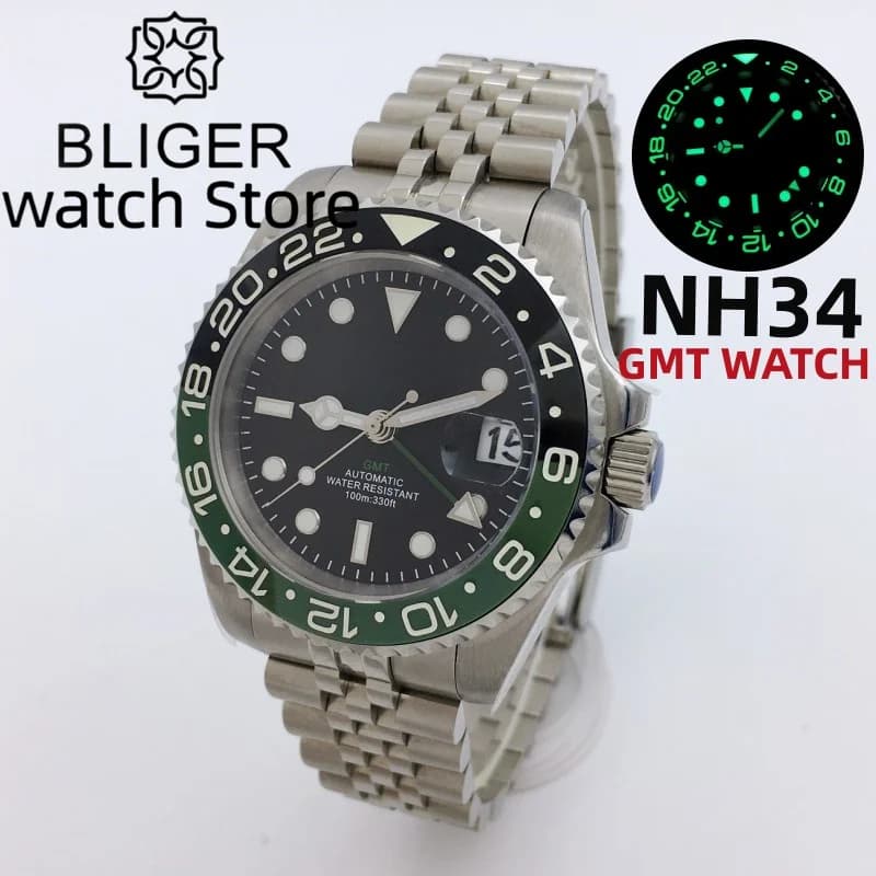 BLIGER 40mm NH34 GMT orologio da uomo orologio da polso meccanico lunetta luminosa vetro zaffiro bracciale in acciaio inossidabile Reloj Hombre