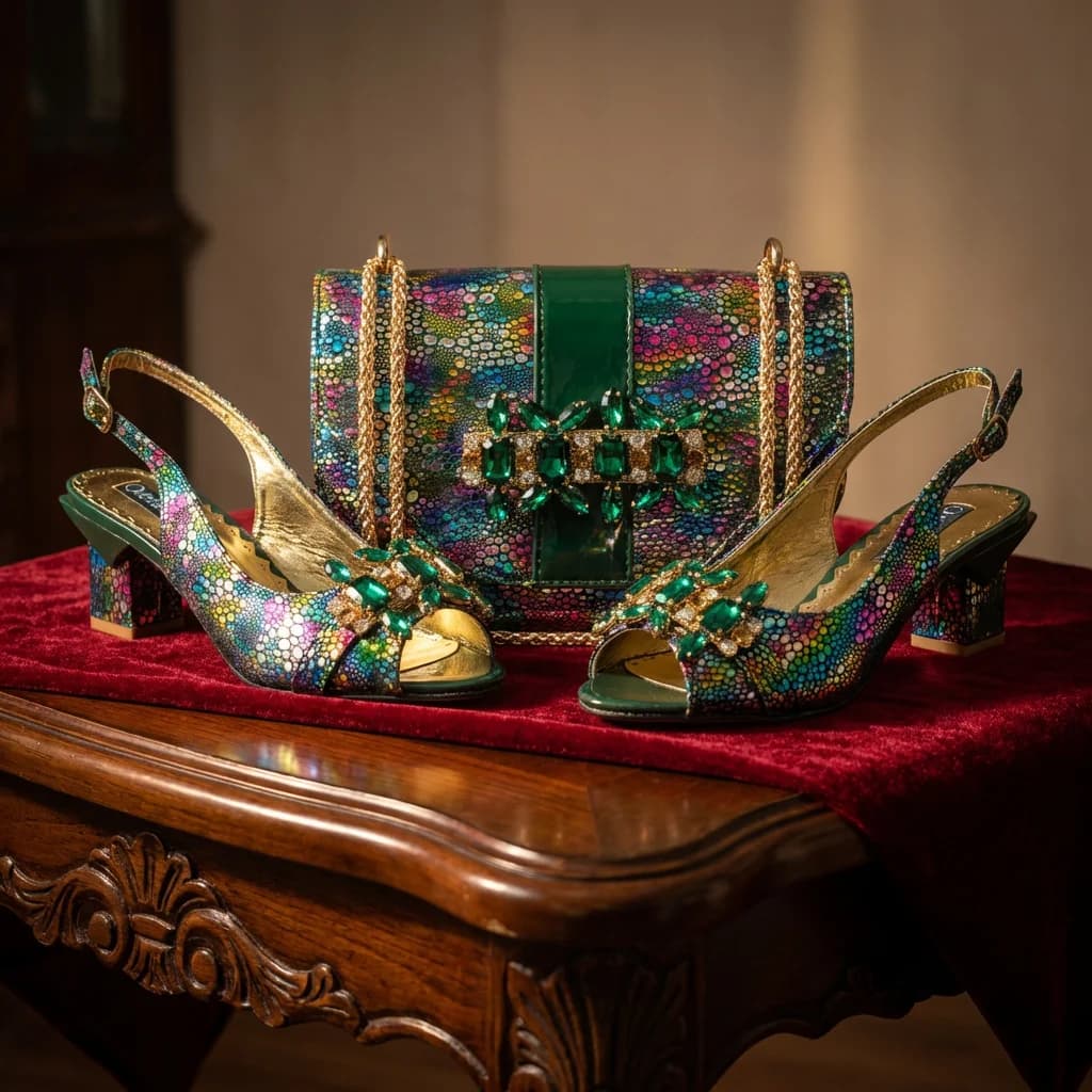 Nuovi Eleganti Sandali con Tacco Alto e Strass per Donna 2026, Design Italiano con Borsa Verde Coordinata, Scarpe e Borsa per Feste
