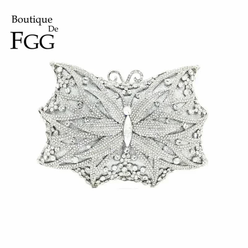 Bouotique De FGG Bling Borse da sera con pochette a farfalla in argento da donna Borse e portamonete Minaudiere con strass da sposa
