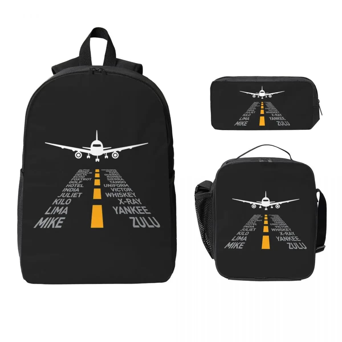 Regali per piloti di aeroplani Pista dell'aeroporto Alfabeto fonetico Aereo Zaino BookBag Borsa da scuola Borsa da pranzo isolata 3ps Astuccio
