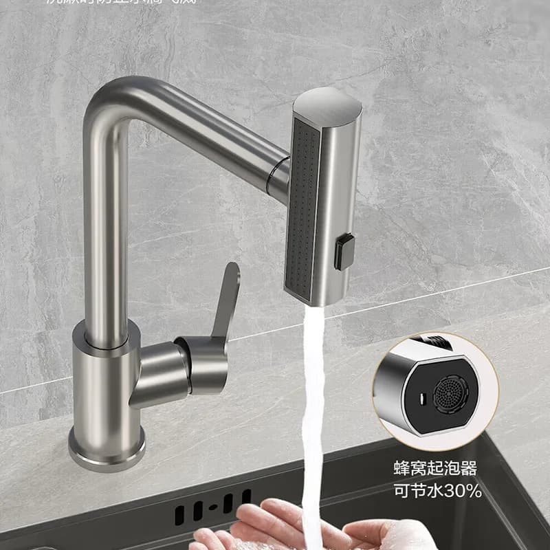 Rubinetti da cucina grigi a 4 modalità Rotazione estraibile Cascata Spruzzatore a flusso nero Testa Miscelatore per lavello Accessorio per rubinetto acqua in nichel spazzolato