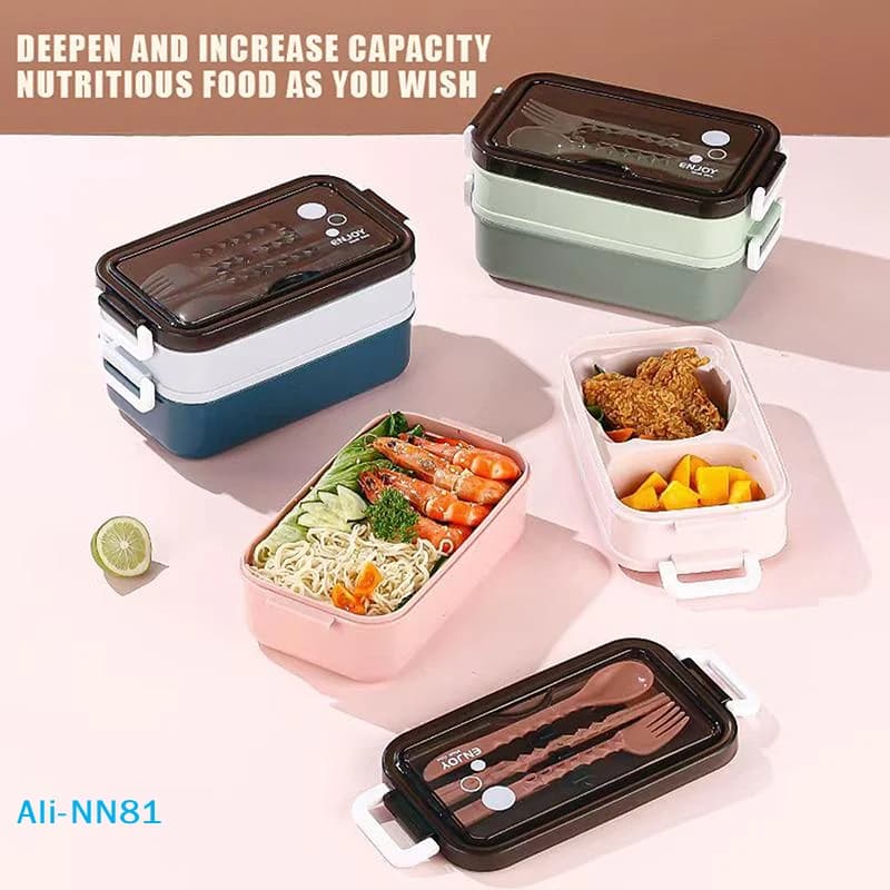 【N】Start Season Double-Layer Microwave Oven Lunch Box, Including Soup Bowl, Knife, Fork and Spoon, School Lunch Box