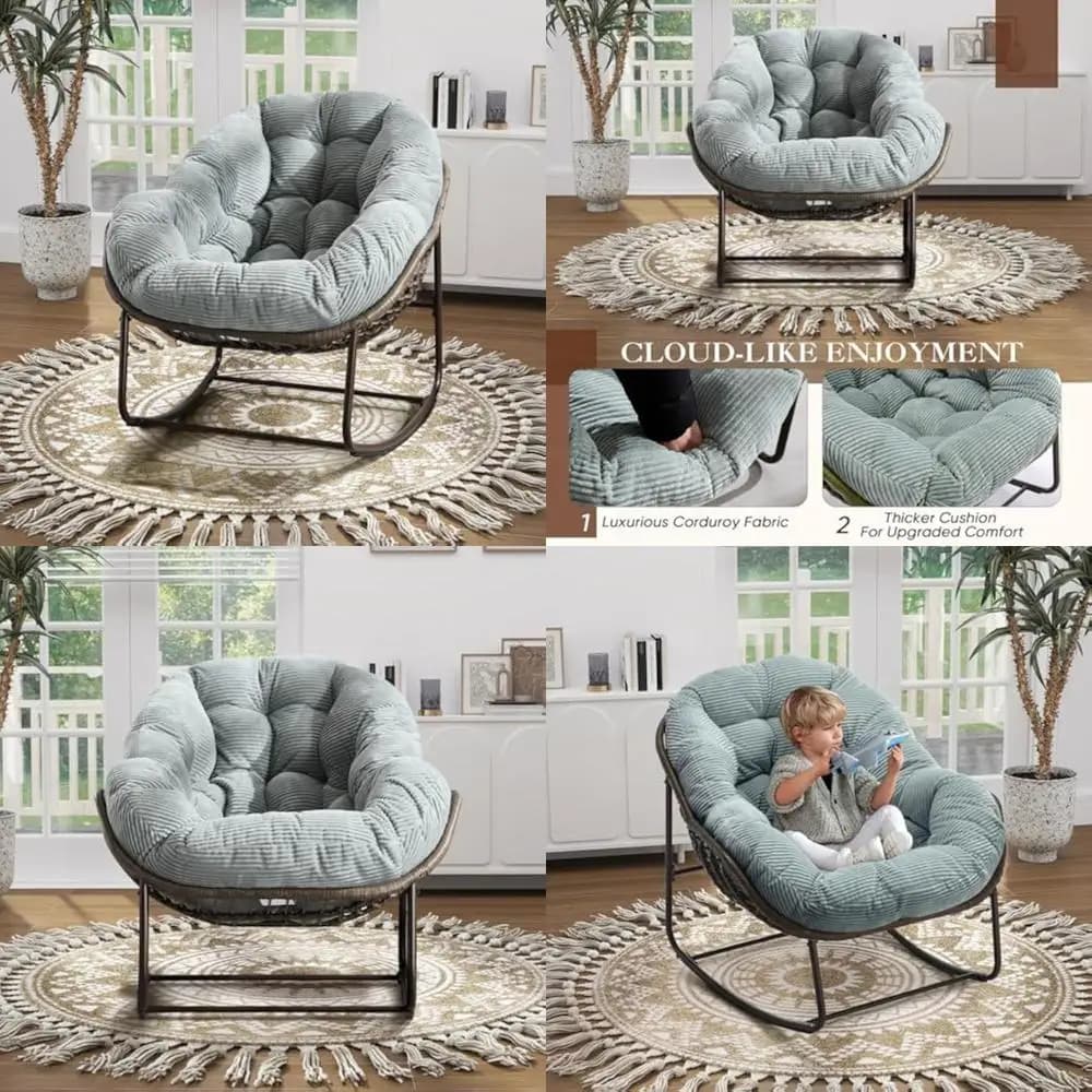 Sedia a dondolo Papasan oversize ecologica con tessuto di velluto a coste e cuscino in memory foam, design moderno a forma di uovo, verde