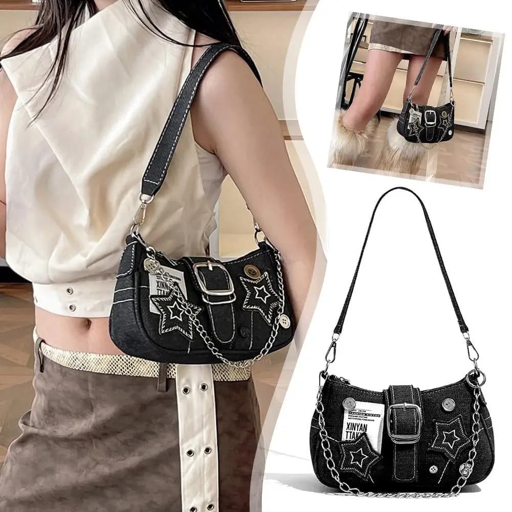 Y2k Borsa sottobraccio in denim Borsa con motivo a stelle Borsa a tracolla a catena per ragazze dolci e fresche Borsa jeans dal design piccolo Tote alla moda
