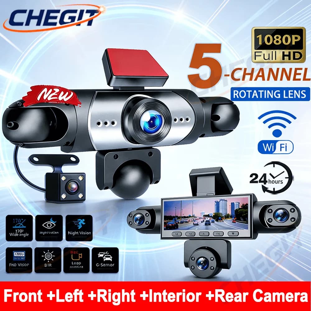 New DVR for Auto 2026 with 3/5 Cameras, Video Recorder 1080P 360 ° Dash Cam WIFI with Front Camera Right and Left, Camera Interior and Camera Back, Black Box