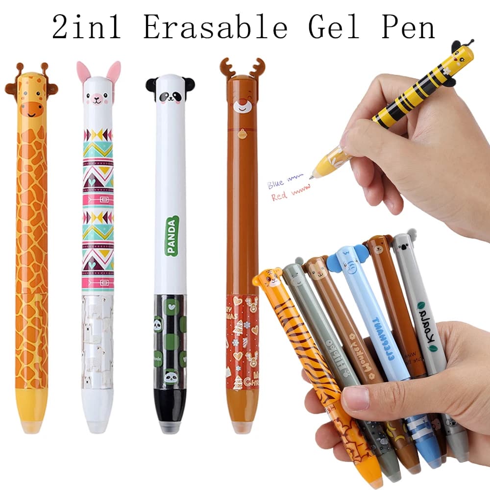 Penna Gel Cancellabile 2 in 1 con Animali Cartoon, Inchiostro Magico Blu e Rosso 0.5mm, Scrittura Fluida, Lavabile, per Ufficio e Scuola