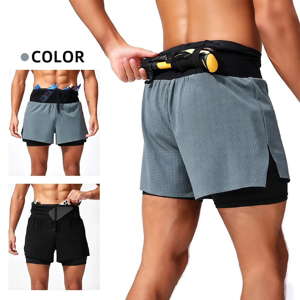 1Pcs Men 2-in-1 Running Sports Shorts with Waist Pockets Quick Dry Athletic Training Shorts Trekking Pole Holder Outdoor Hiking