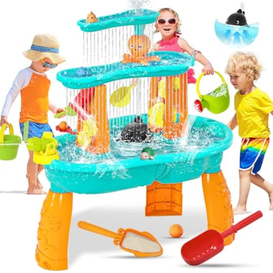 Tavolo Attività Acqua e Sabbia a 3 Livelli per Bambini con Pompa dell'Acqua e Accessori Splash, Set Sensoriale da Esterno per Bambini dai 3 Anni in su, Blu e Tr