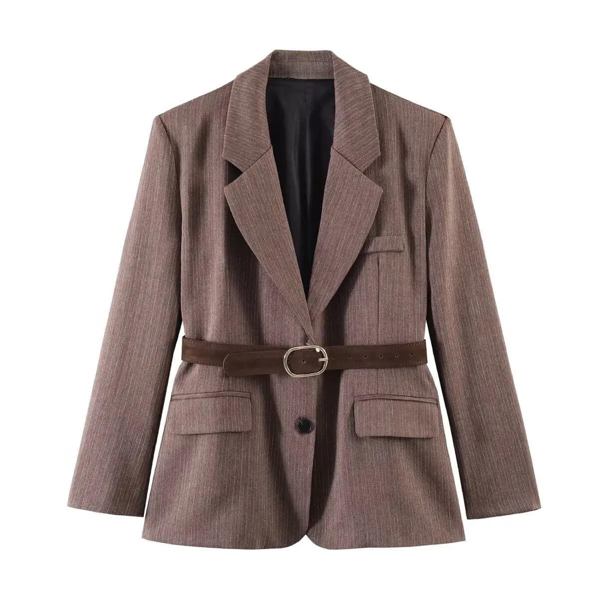 Blazer da donna alla moda in tweed a spina di pesce con cintura, blazer marrone a righe sottili con cintura in vita, monopetto, casual HBGK