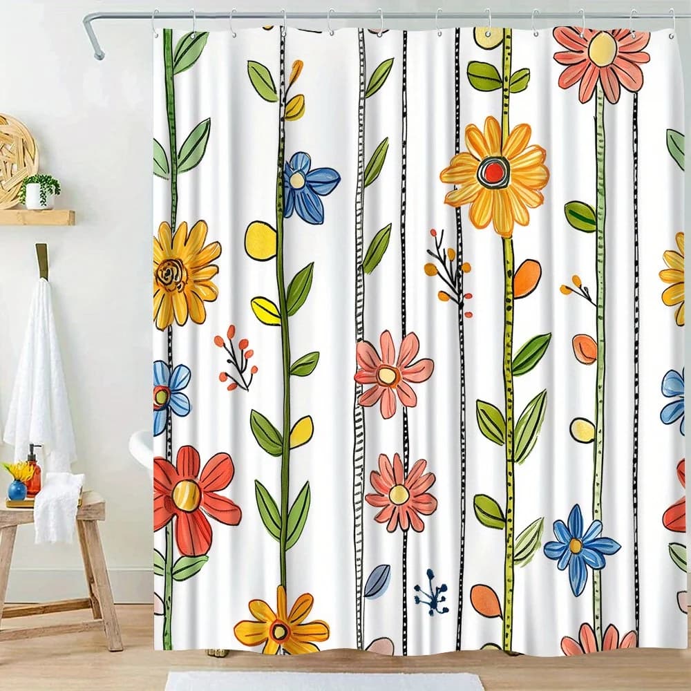 Tenda da doccia floreale stravagante da 1 pezzo - Fiori vivaci su bianco, poliestere, 70x70 pollici, 12 ganci, perfetta decorazione da bagno