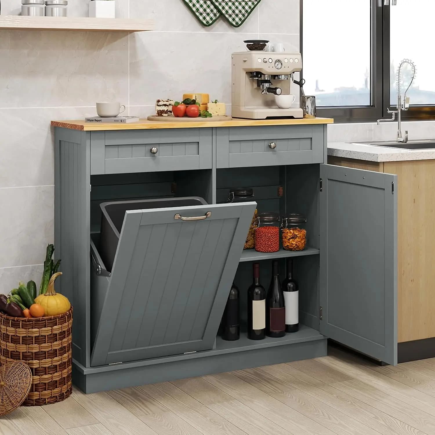 Trash Can Cabinet, 14.5 Gallon Wood Tilt Out Laundry Hamper Cabinet with Adjustable Shelves and 2 Drawers, Dog, Customized