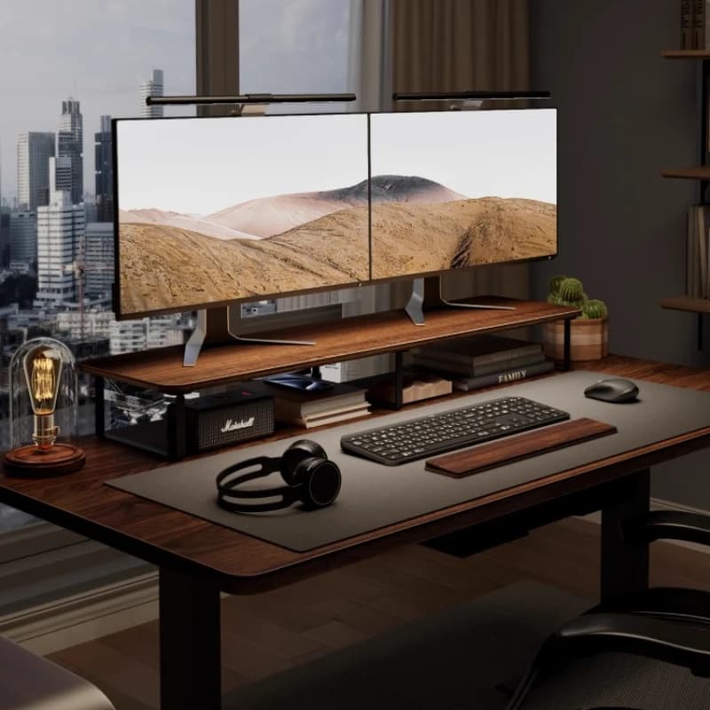 ‌Ergonomic Monitor Stand Riser, Solid Wood Desk Organizer, Dual Screen Shelf Base, Extended Non-Slip Workstation Platform
