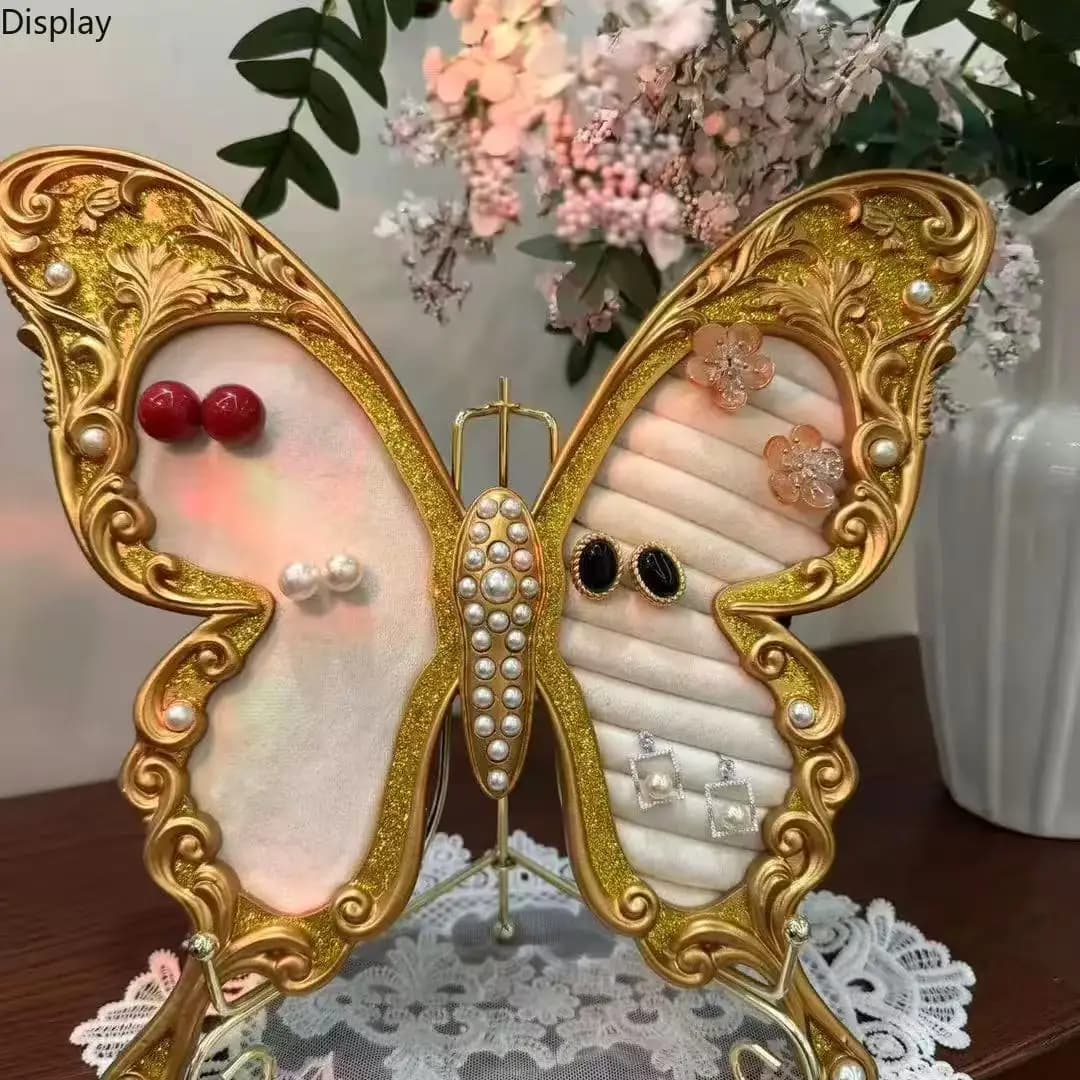Vintage French Butterfly Jewelry Tray, Ring Earring Holder Display Stand, Light Luxury Velvet Storage Plate for Vanity