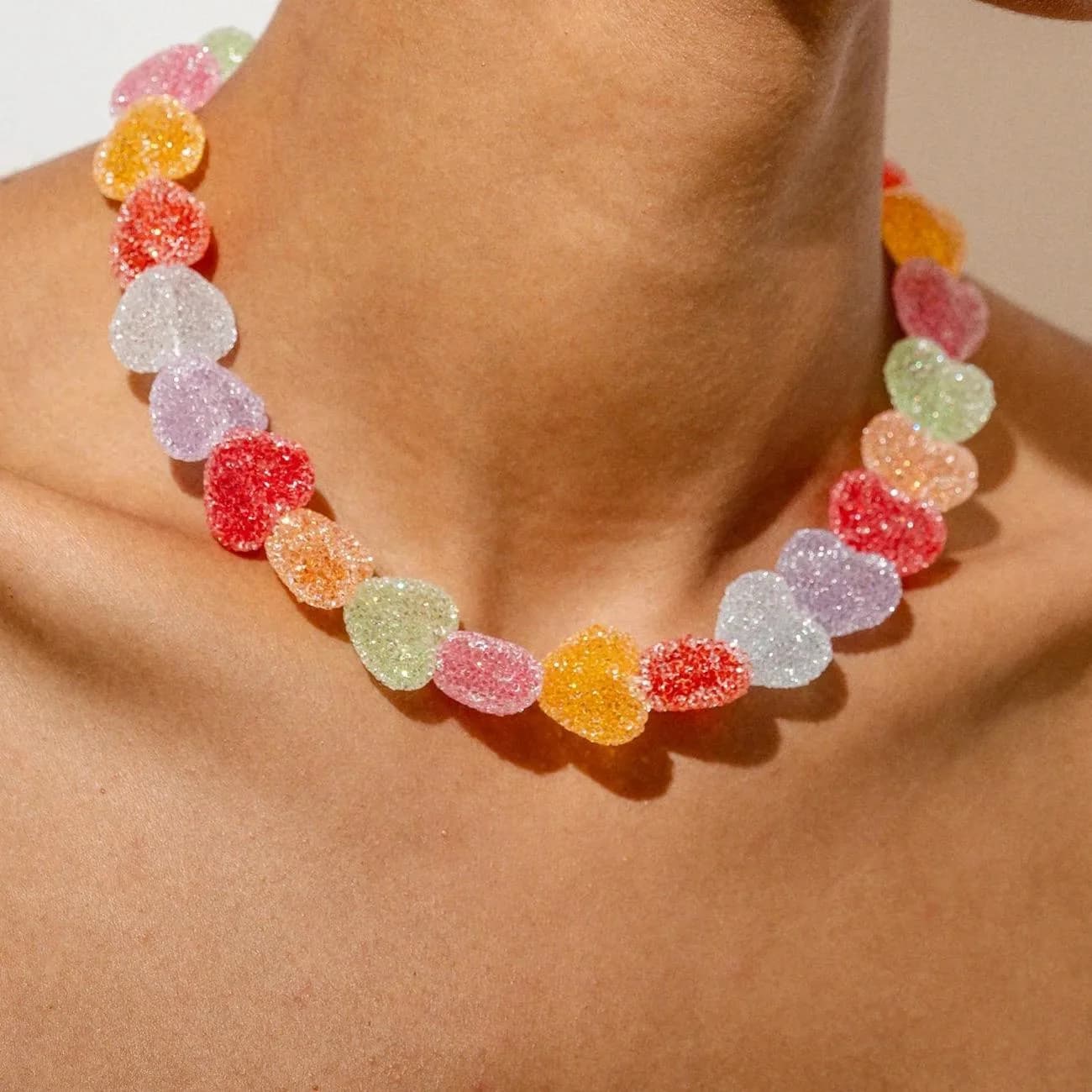 Colorful Heart Resin Necklace And Bracelet New Cute Candy Unique Design High-End Jewelry Accessories