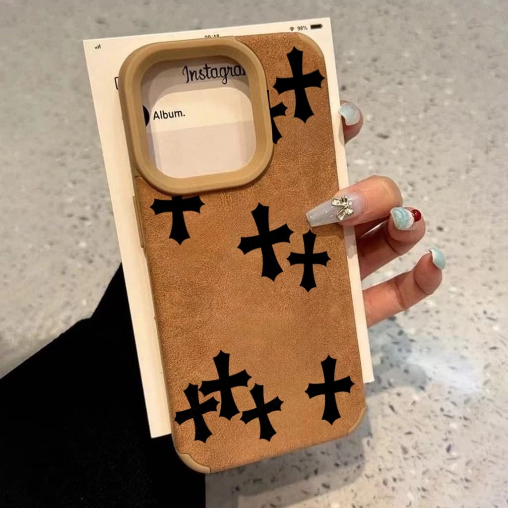 Black Cross Noble Imitation Faux Leather Phone Case For iPhone 17 16 15 14 13 12 11 Pro Max XS XR 16 Plus 17Air Shockproof Cover