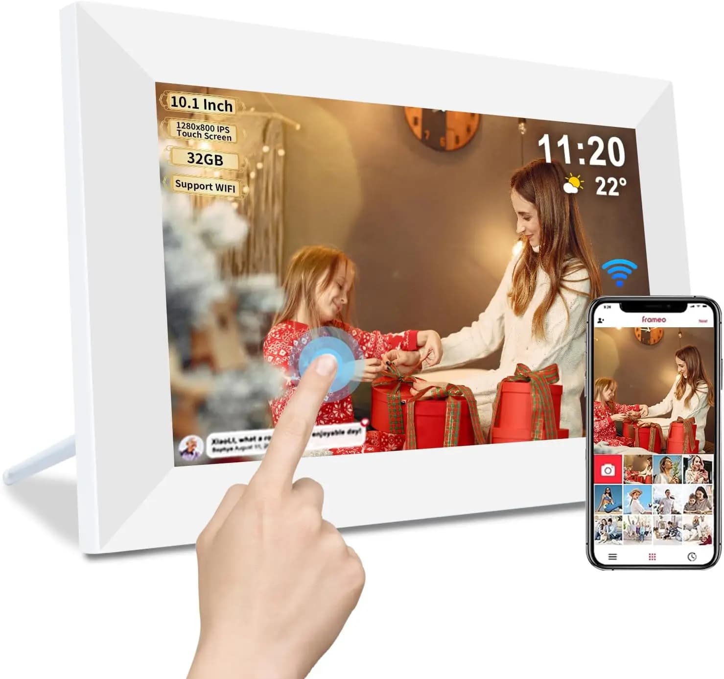 Cornice Digitale WiFi Smart da 10.1 Pollici con 32GB di Memoria, Schermo Touch IPS, Rotazione Automatica per Facile Condivisione e Visualizzazione