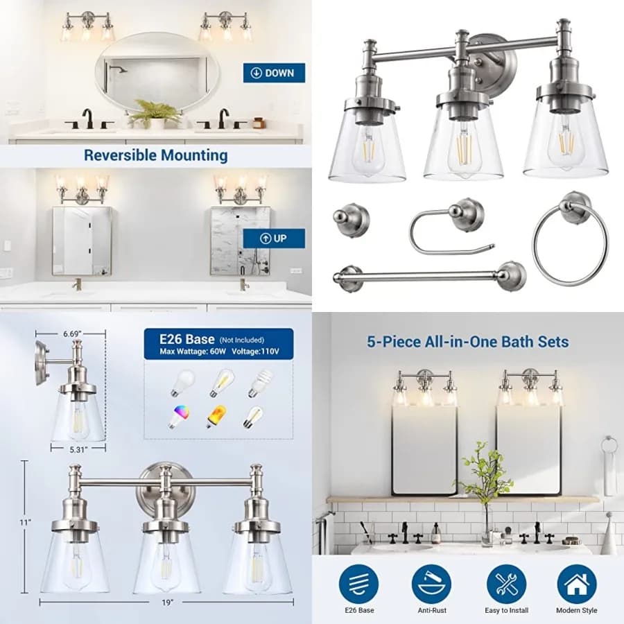 Bathroom Light Fixtures, 5-Piece All-in-One Bathroom Light Set, 3 Light Bathroom Vanity Light with Glass Shades, Towel Bar, Tow