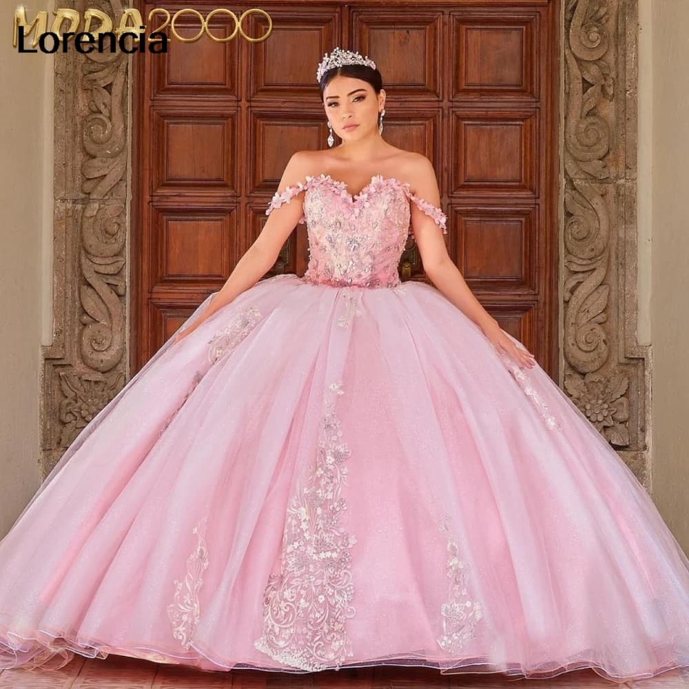 Abito Quinceanera rosa personalizzato Abito da ballo Applique in pizzo floreale Perline Mantello Dolce 16 Abiti da 15 anni Personalizzato YD44