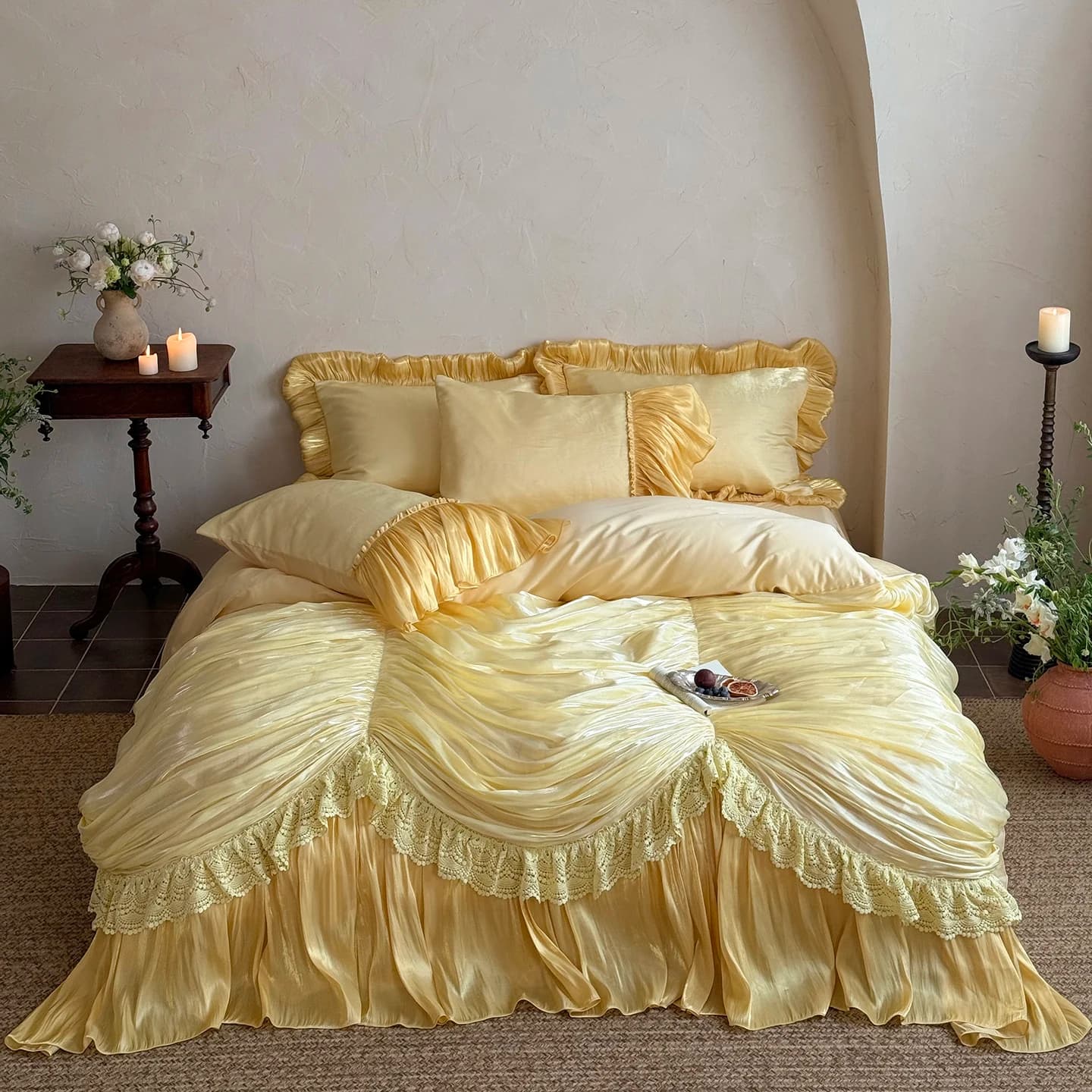 Set biancheria da letto principessa in pizzo dorato Set copripiumino in cotone egiziano di lusso 800TC Set gonna letto Copriletto Federe Tessili per la casa