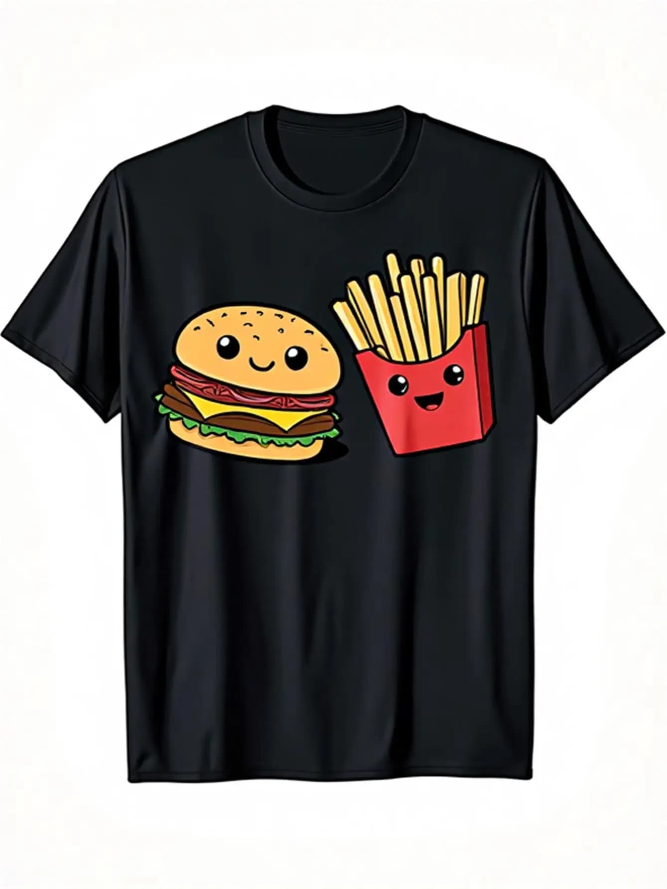 T-shirt grafica divertente per fast food da uomo, 100% cotone, girocollo casual a maniche corte con design colorato di hamburger e patatine fritte, stile carino grande hamburger e patatine fritte, adatto per costumi estivi di Halloween e feste di compleanno