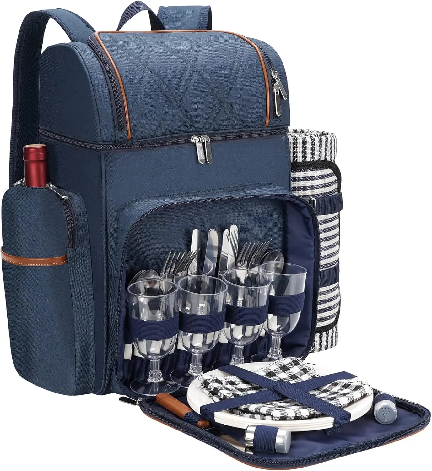 Zaino da Picnic per 4 Persone, Borsa Termica Isolata con Porta Vino, Zaino Frigo Impermeabile da Spiaggia, Set da Picnic a Doppio Strato per Campeggio
