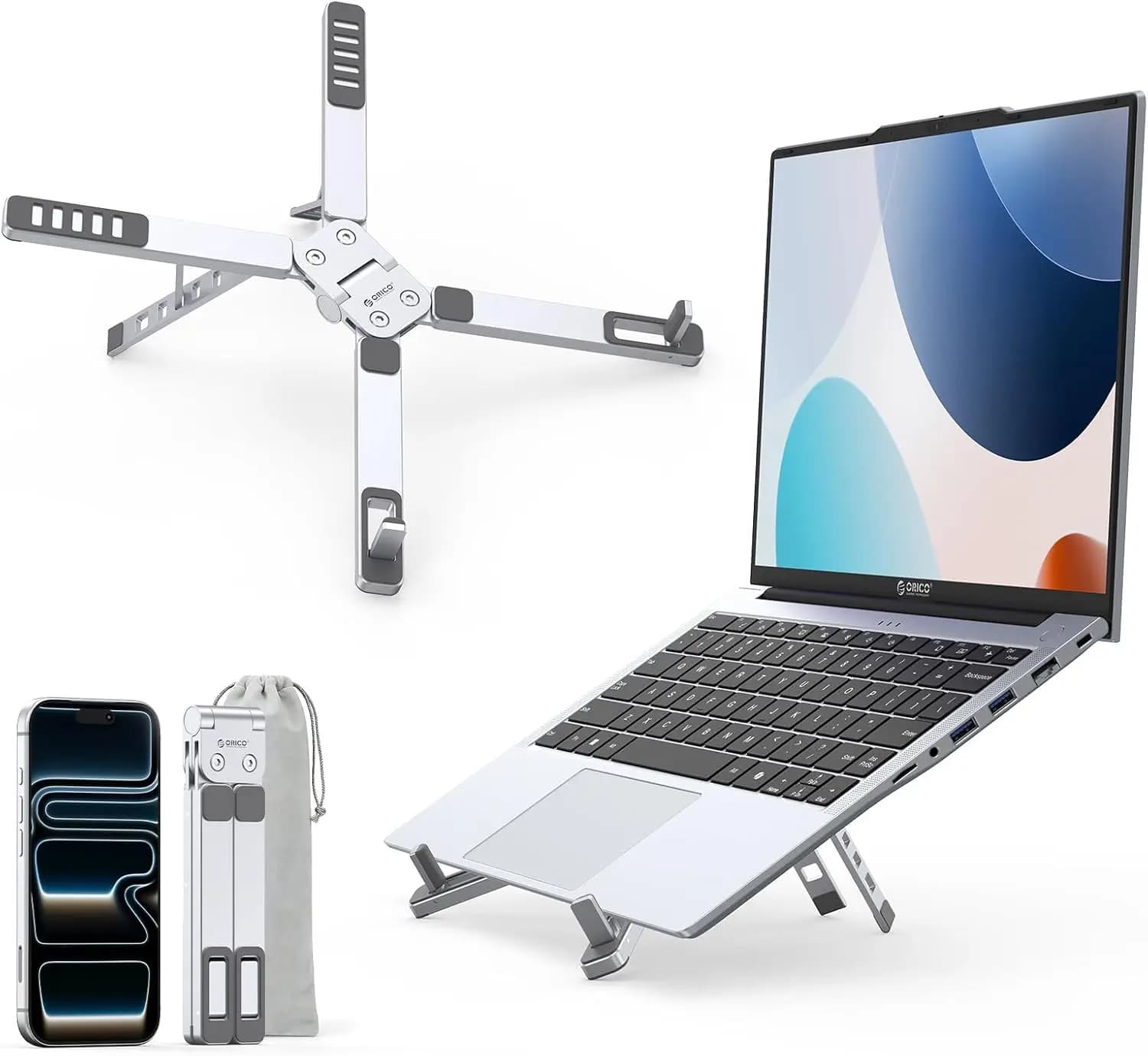 Supporto per Laptop Ultra-Compatto Pieghevole in Alluminio, Rialzo 3-in-1 per Laptop/Tablet/Telefono, 5 Altezze, per Viaggi e Uso su Scrivania (Argento)
