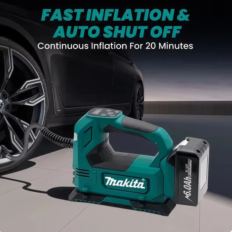 Pompa ad aria senza fili Makita, gonfiatore portatile a batteria 18V con display digitale per auto e moto