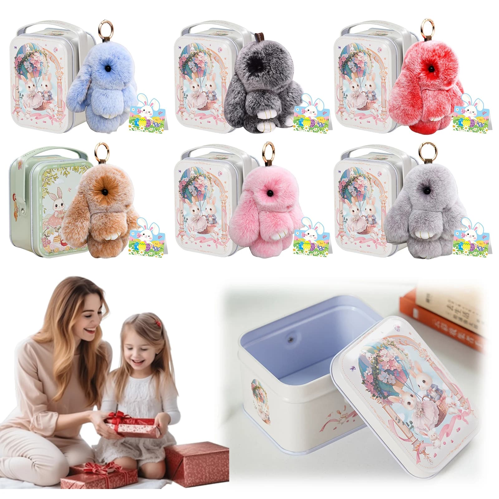 Cute Soft Fuzzy Bunny Keychain with Tin Box & Best Wishes Card Bunny Doll Pendant Keychain for Bags & Backpacks Easter Gift