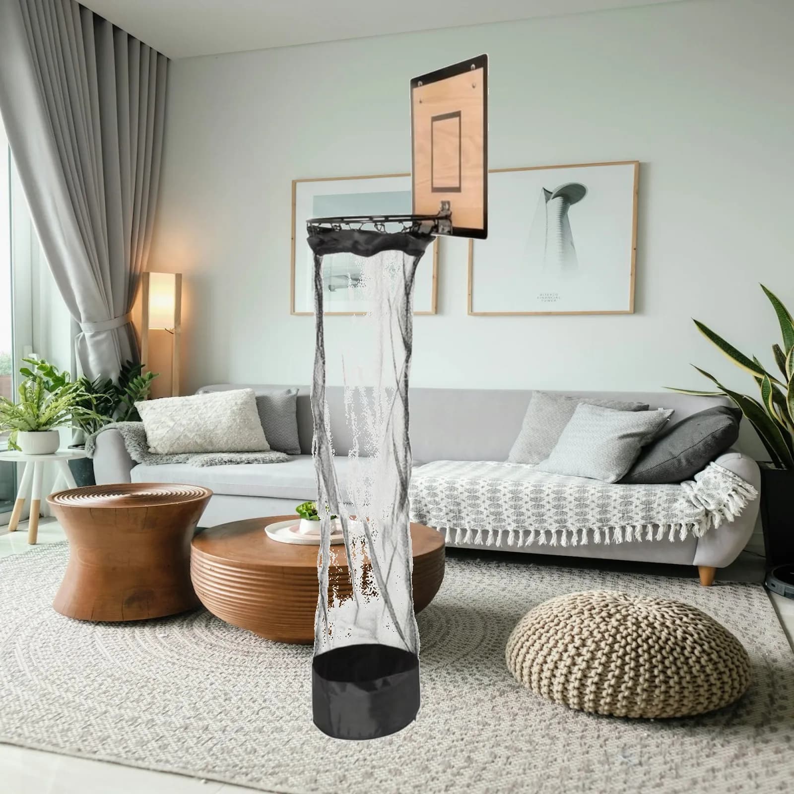 Wall Mounted Basketball Hoop Laundry Hamper Wooden Backboard Mesh Bag with Zipper for Bedroom Dorm Organization