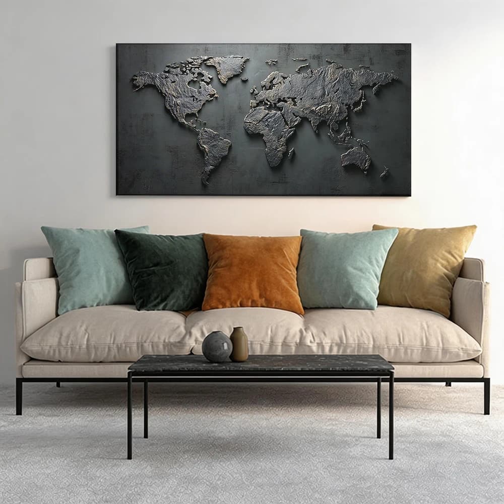 Painted on canvas with large wooden frame, 1 piece, metallic representation, global continents.