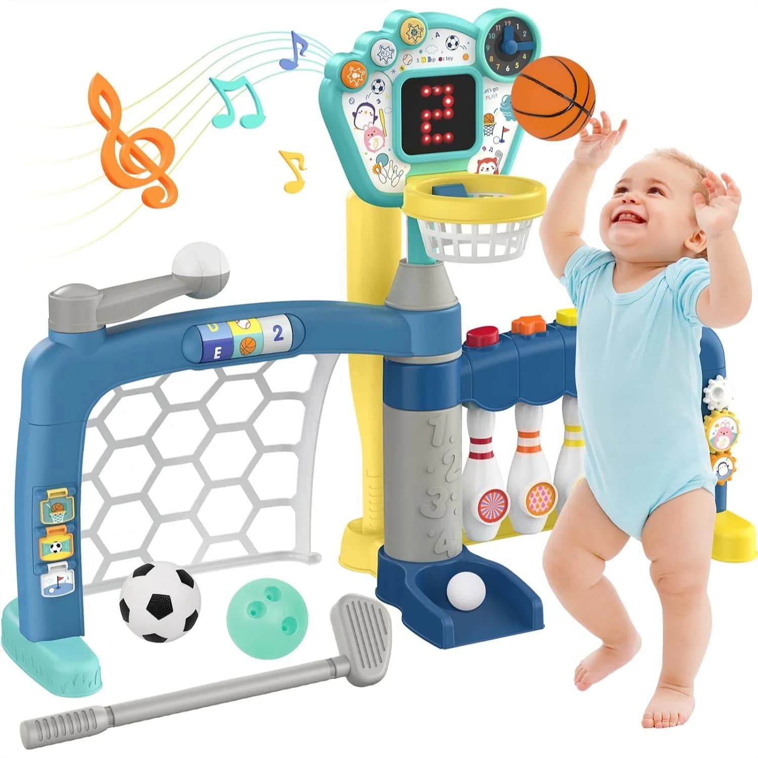 5-in-1 Toddler Sports Toys Basketball Hoop Soccer Bowling Baseball Golf Activity Center for 1 2 3 Year Old Boys Girls