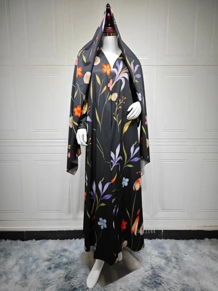 2026 Nuovo Medio Oriente Dubai Cardigan Abaya Moda Stampato Abaya Aperto Modesto Esterno Abito da Donna con Foulard Set da 2 Pezzi