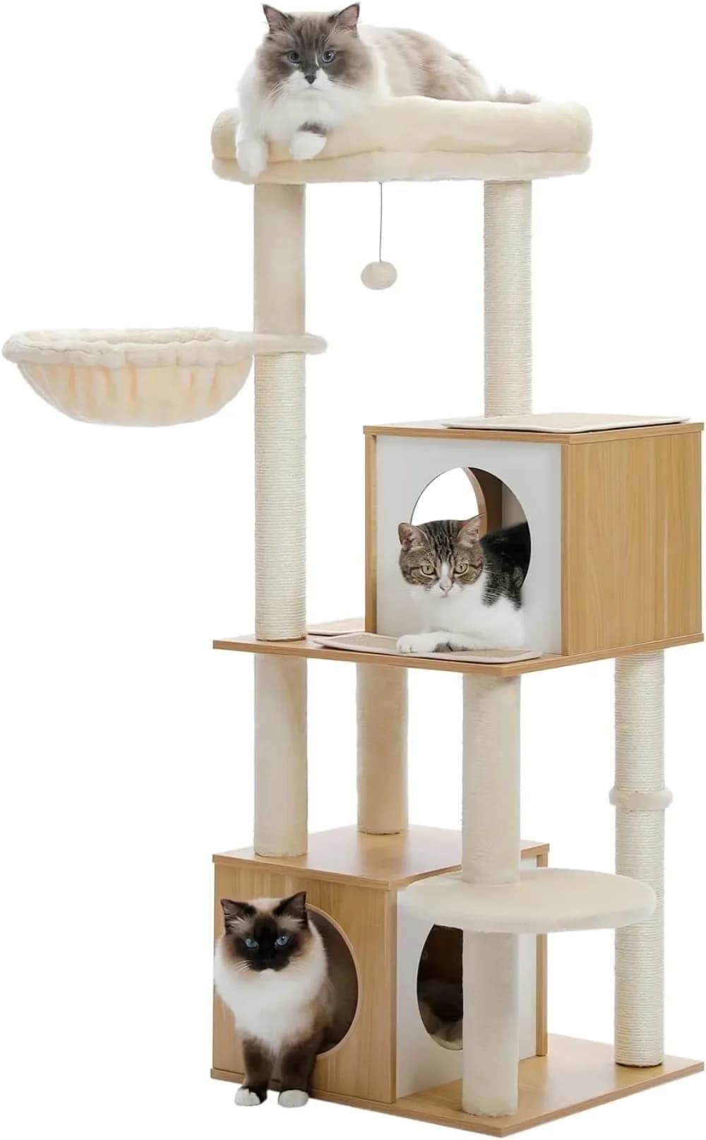 Grande Albero per Gatti, Torre per Gatti in Legno da 51 Pollici con Doppie Cuccette, Piattaforma, Amaca e Pali in Sisal per Gatti da Interno