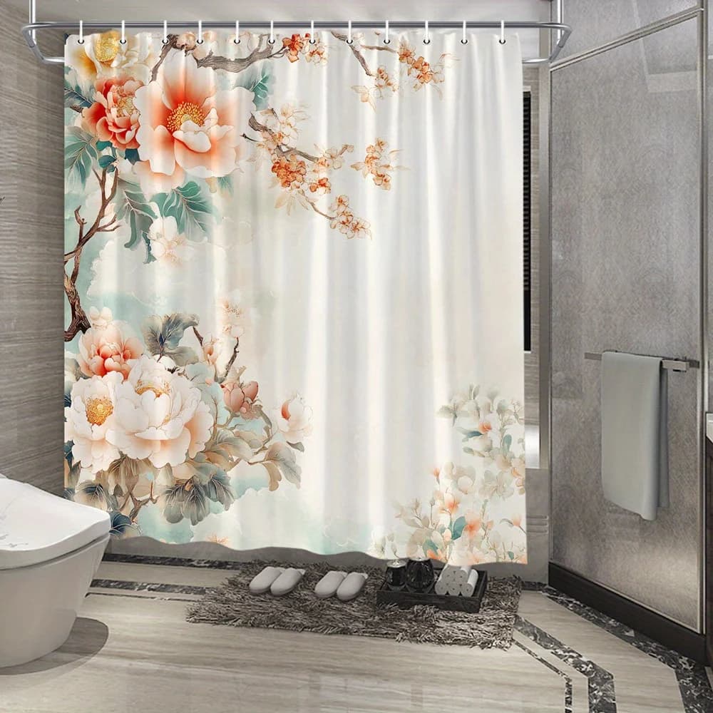 Tenda da doccia in stile vintage da 1 pezzo con delicati peonie rosa e design floreale pastello morbido, scena romantica eterea, include