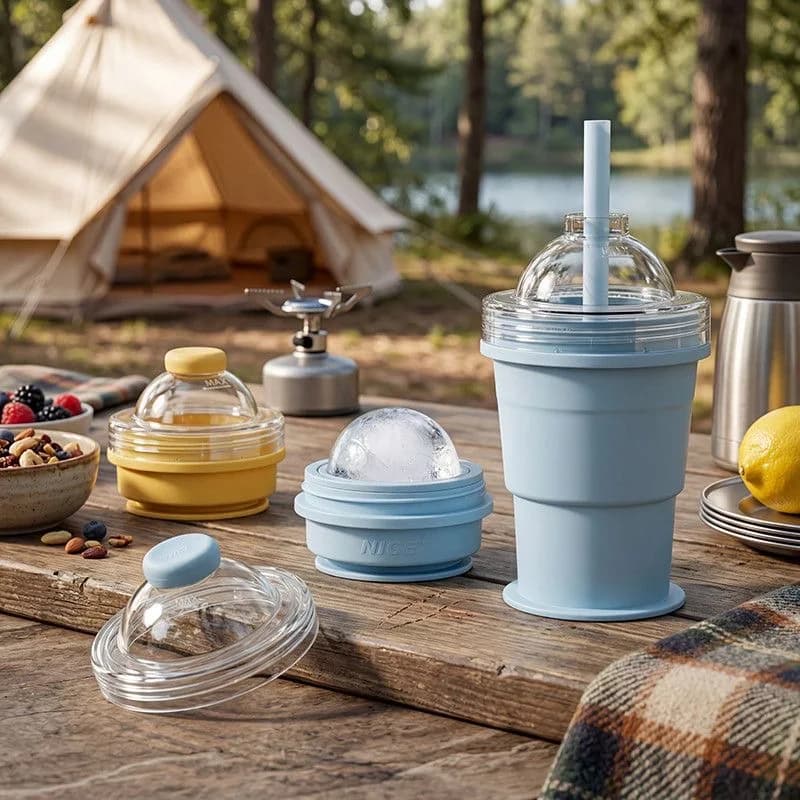 Tazza per Ghiaccio Pieghevole in Silicone di Grado Alimentare con Cannuccia Integrata, Bicchiere Portatile per Acqua, Stampo per Ghiaccio per l'Estate all'Aperto