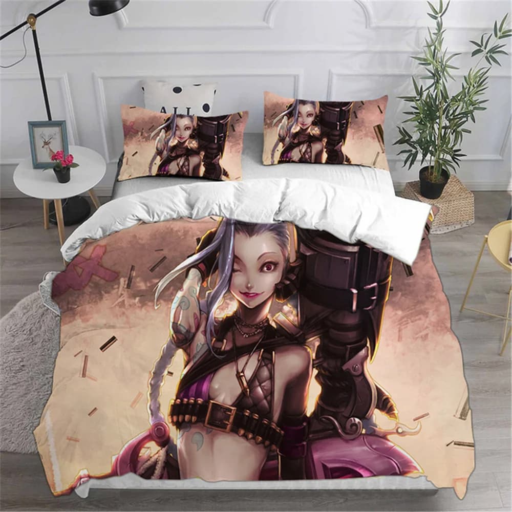 Set di biancheria da letto LOL Jinx Arcane Australia/Europa/USA, copripiumino, federa, set da 2-3 pezzi, misura Full Queen King.