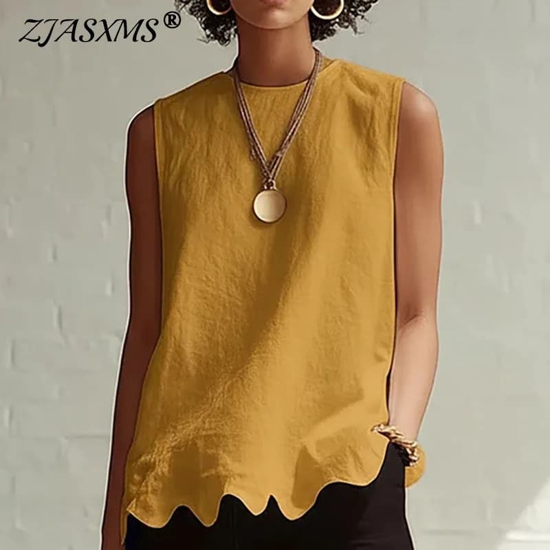 Summer Hot Sleeveless Bohemian Vacation Top Woman New Elegant O Neck Solid T-shirt Spring Casual Loose Hem Blouse Shirt Harajuku