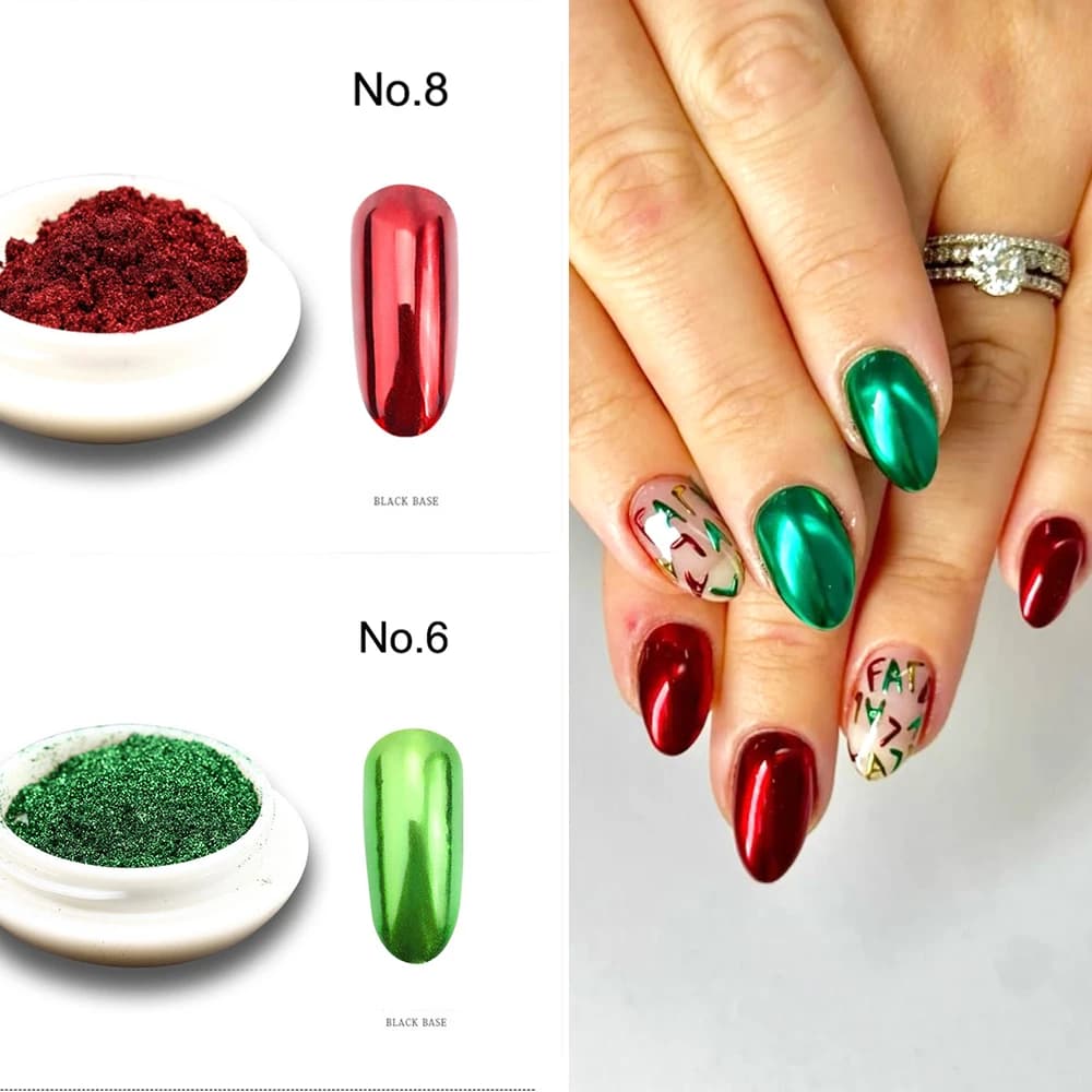 2 SCATOLE/Set Rosso Verde Cromo Specchio Glitter Per Unghie Polvere Sparkly Shimmer Effetto Metallico Pigmento di Natale UV/Led Gel Polish Sfregamento Polvere