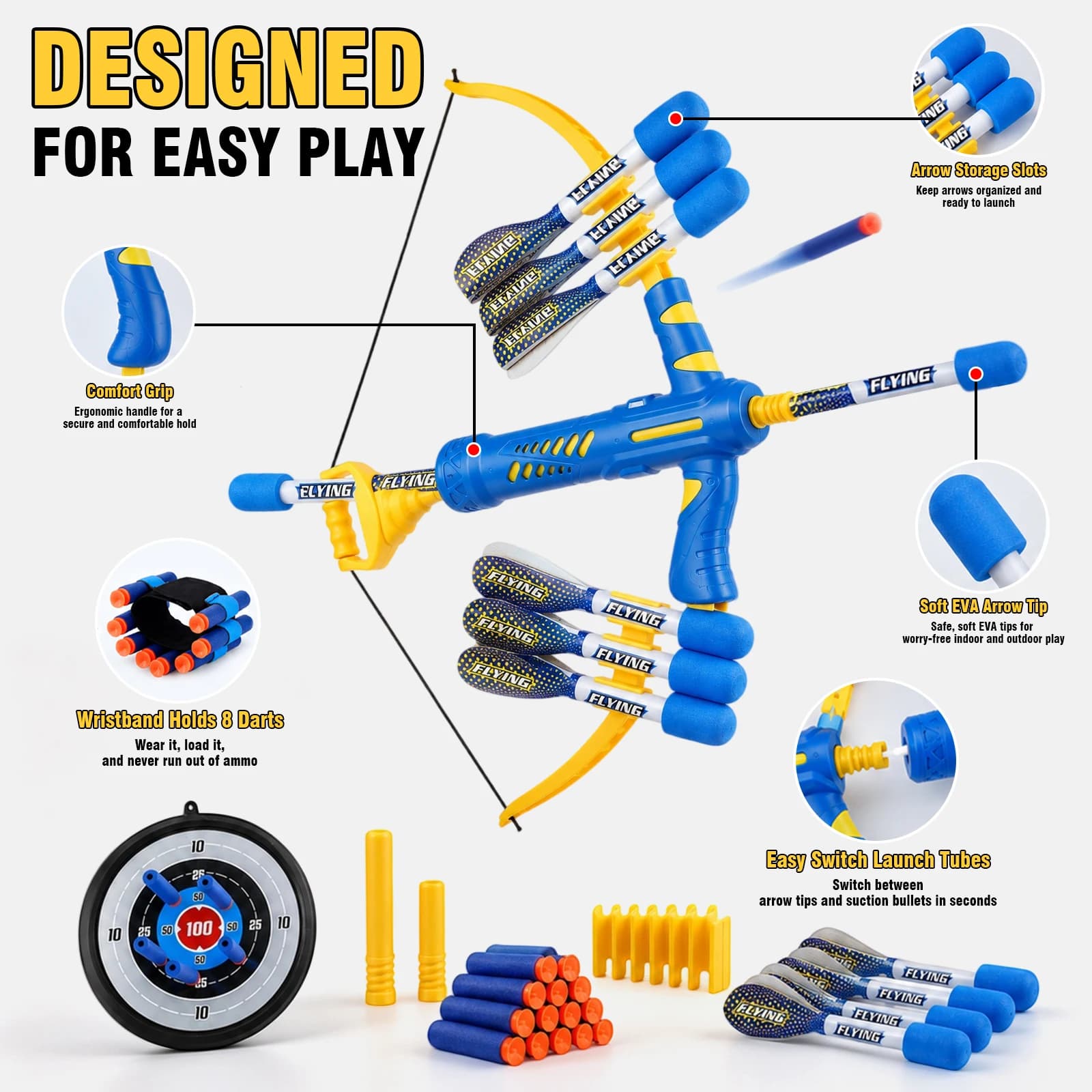 MQUDUO Kids Bow and Arrow Toy Set, 2 in 1 Foam Archery Launcher with Target, 20 Darts 10 Arrows, Outdoor Party Gift
