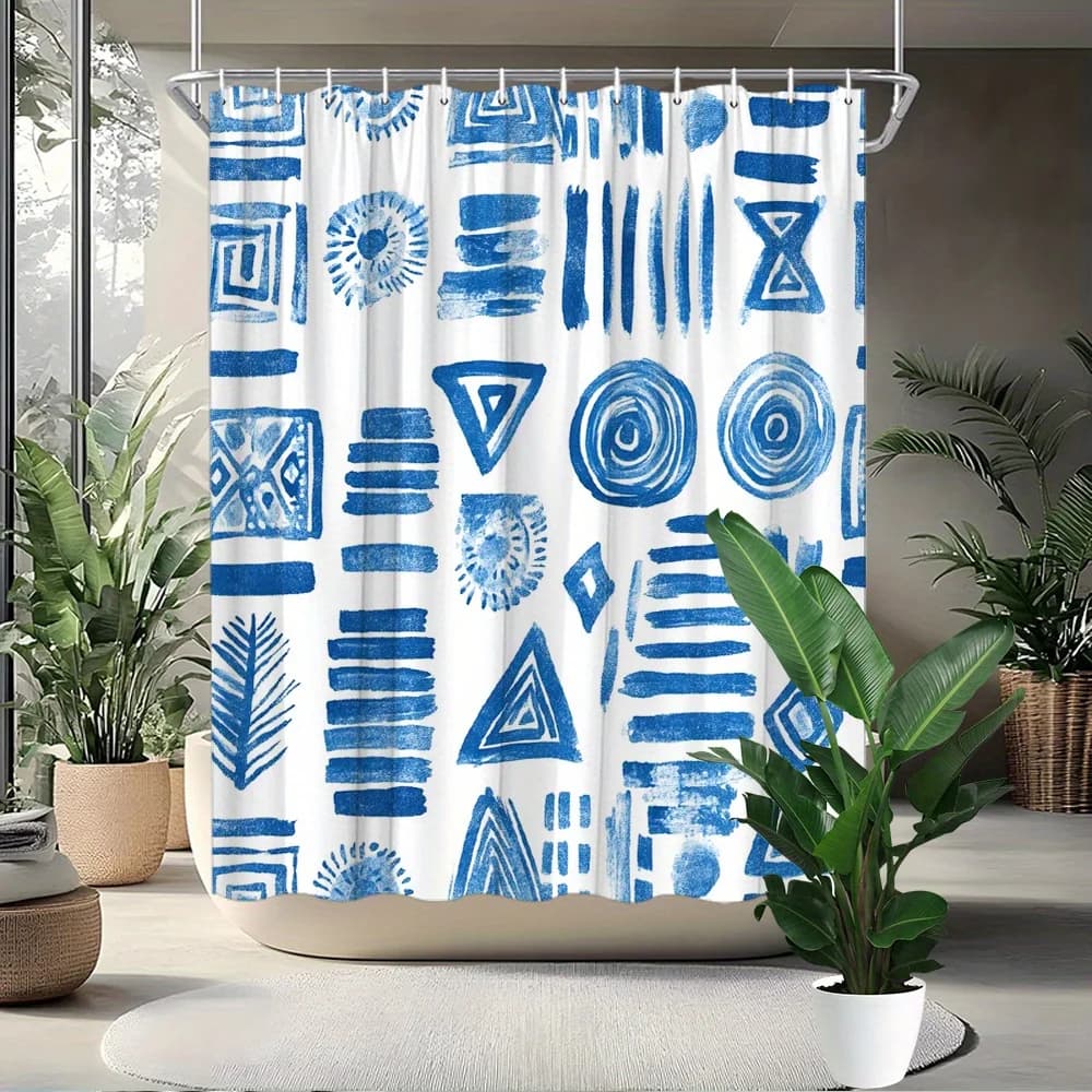 Tenda da doccia geometrica astratta tribale | Poliestere blu e bianco | Decorazione moderna per il bagno con 12 ganci inclusi | Lavabile, D