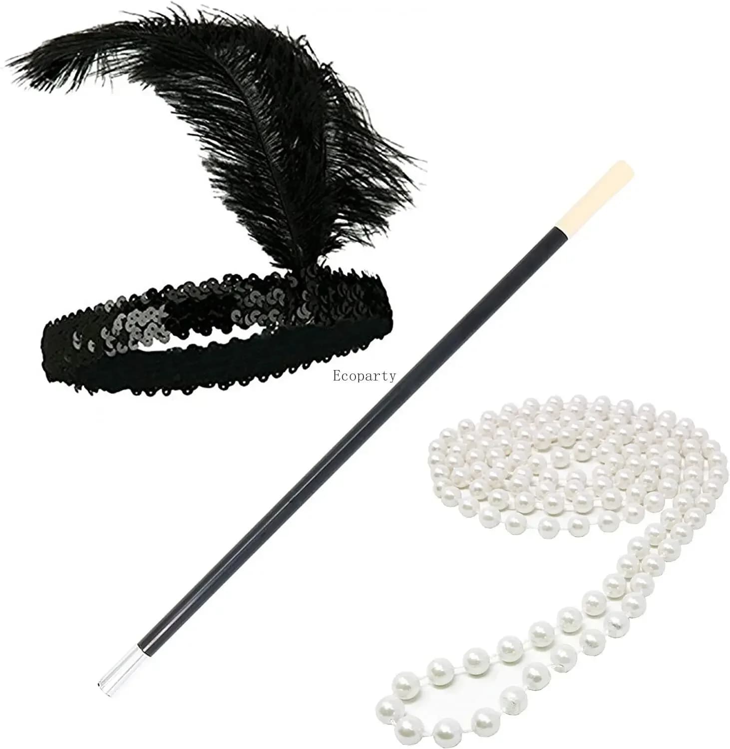 Disfraz travestimento 3PC anni '20 Flapper Accessori per abiti Retro Puntelli per feste GATSBY CHARLESTON Collana di perle Set di guanti con asta di fumo lunga
