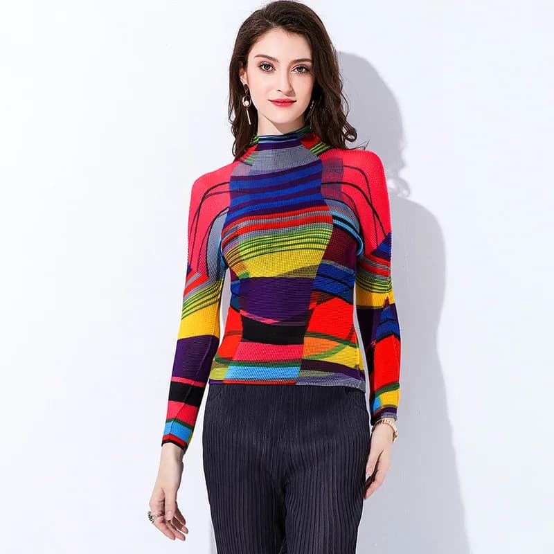 T-shirt Poloneck pieghettate con stampa superiore a maniche lunghe da donna alla moda Miyake